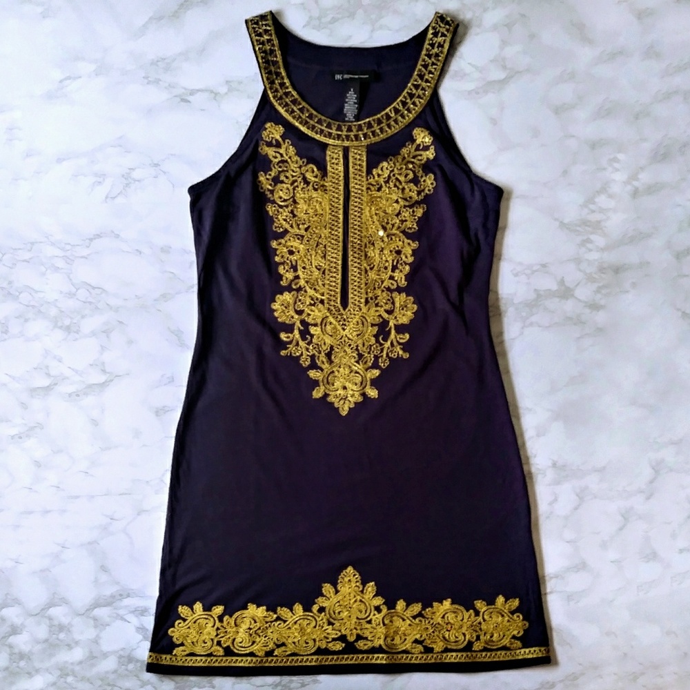 INC Navy & Gold Embroidered Moroccan Sheath Dress